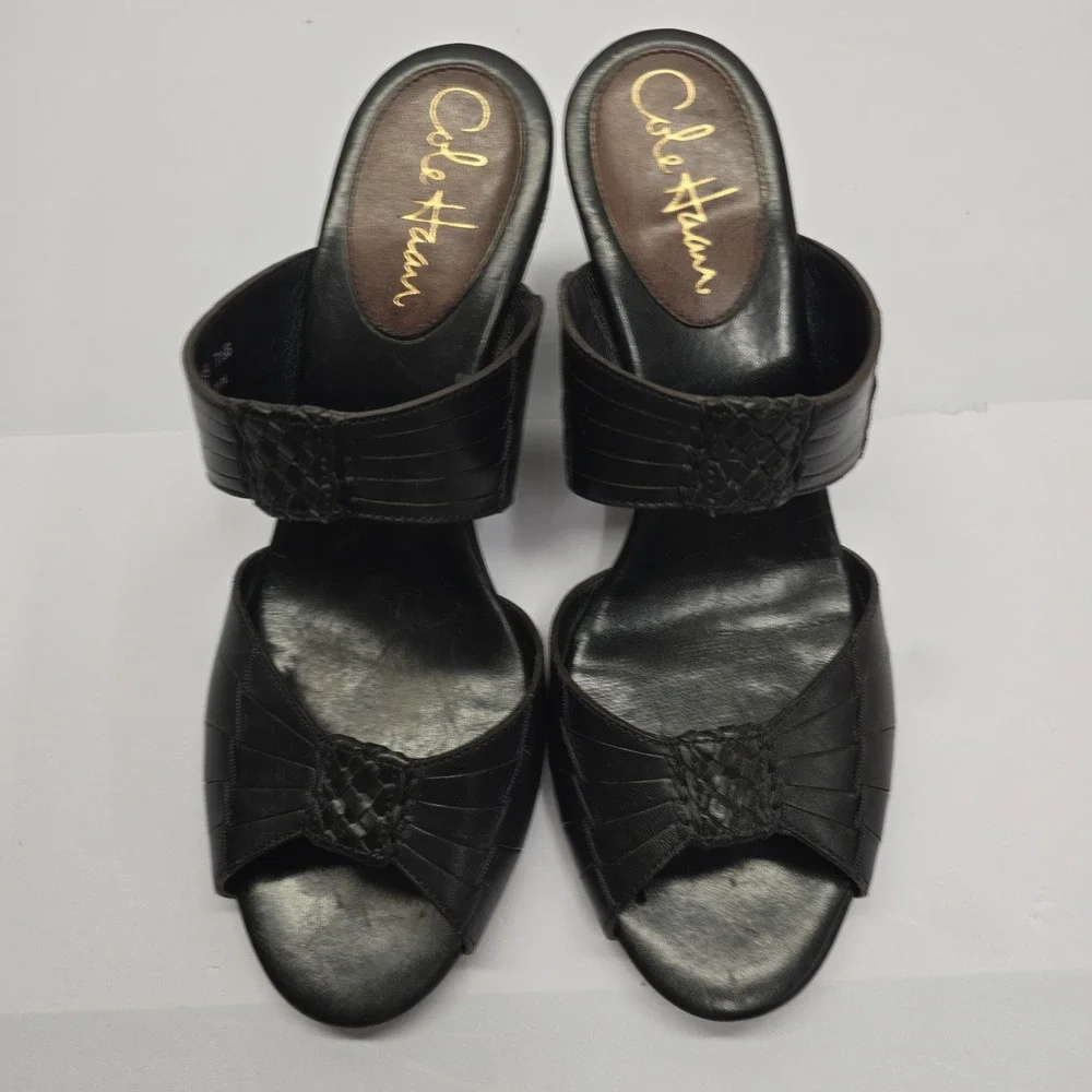 Cole Haan Womens Black Leather Peep Toe Wedge Sandals Shoes D27215 Size 7.5 B